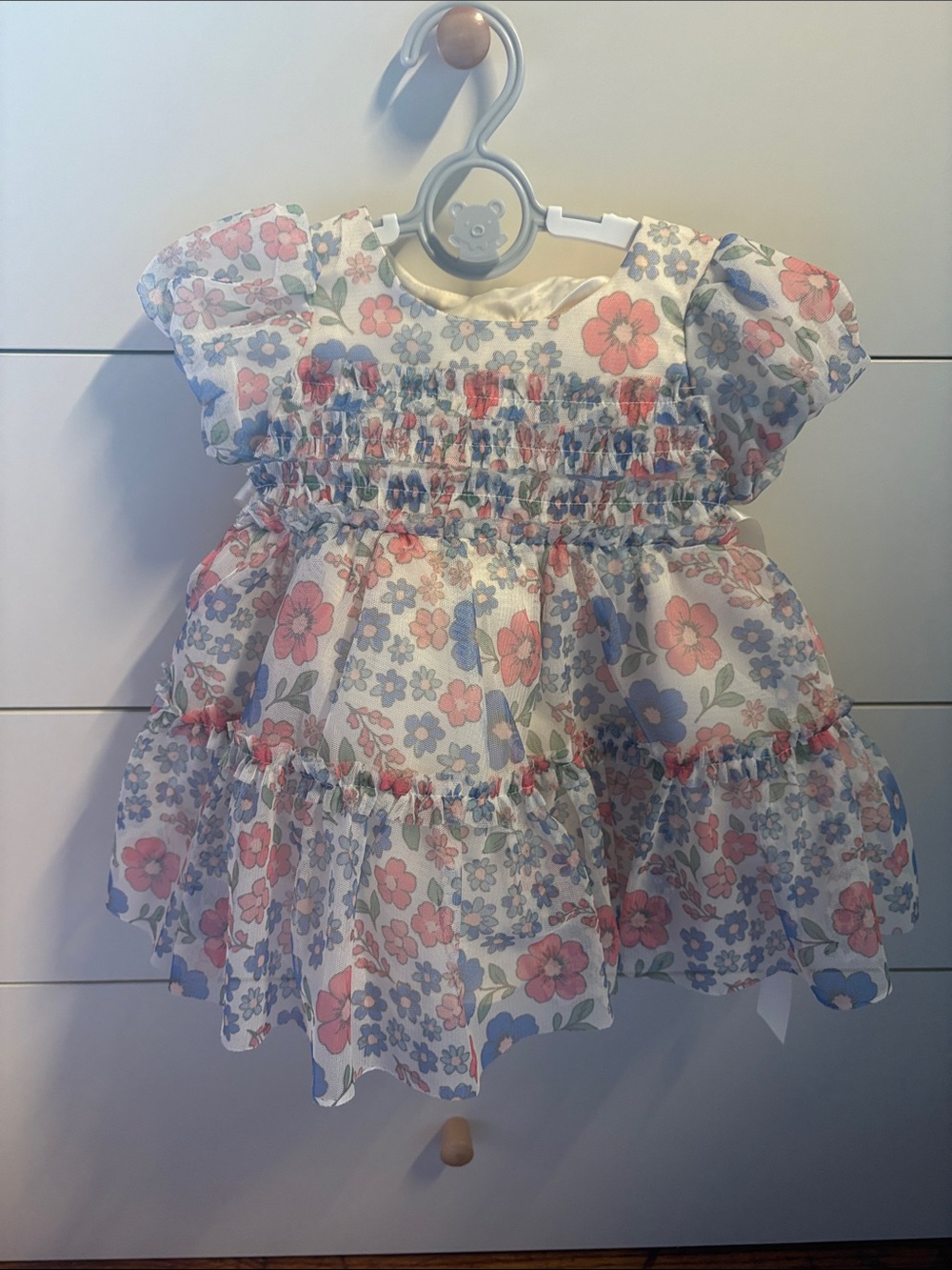 Floral Smocked Baby Dress in Cream with Pink & Blue Flowers